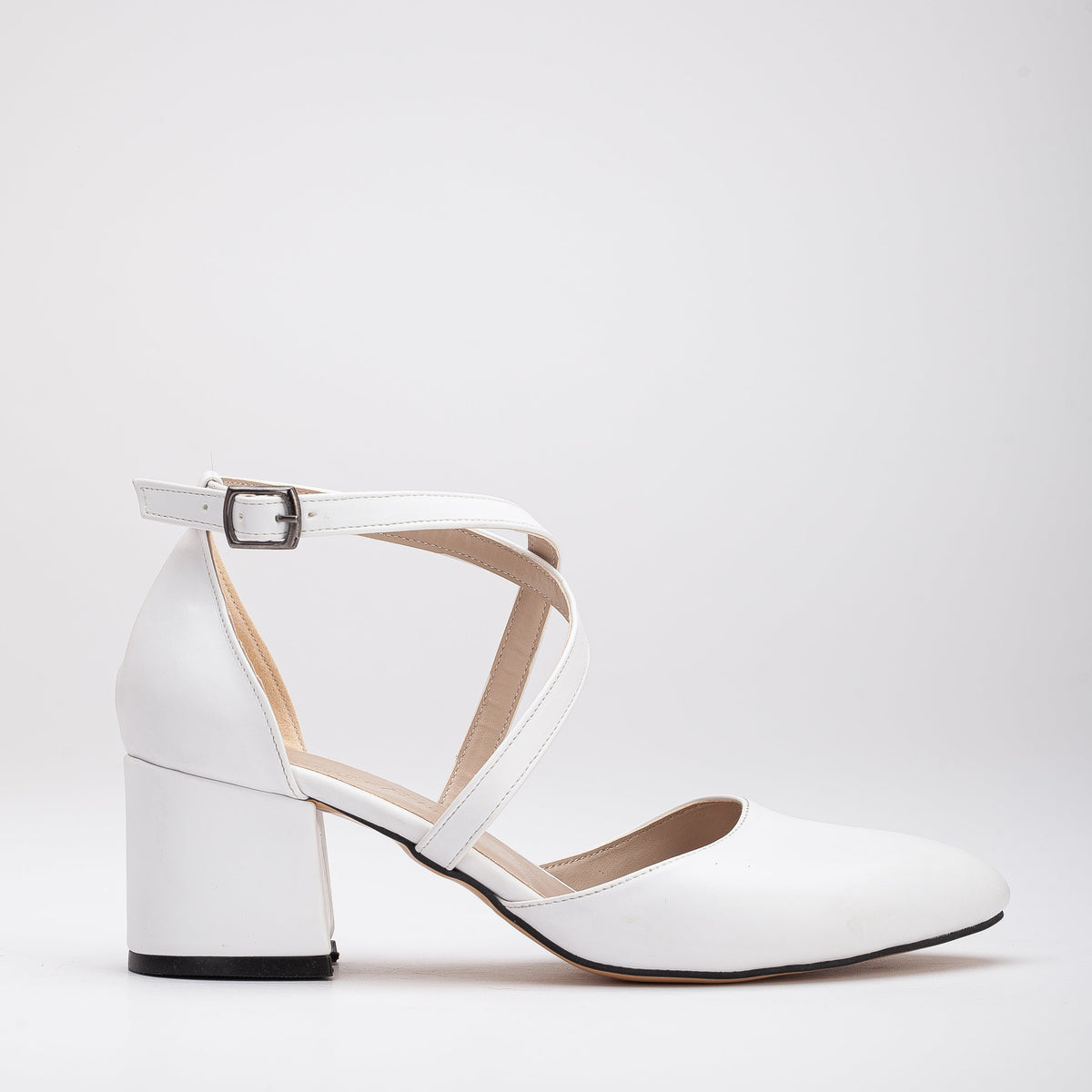 Dolly - White Bridal Low Heels – front three-quarter view showing leather, white, SimmiUnique