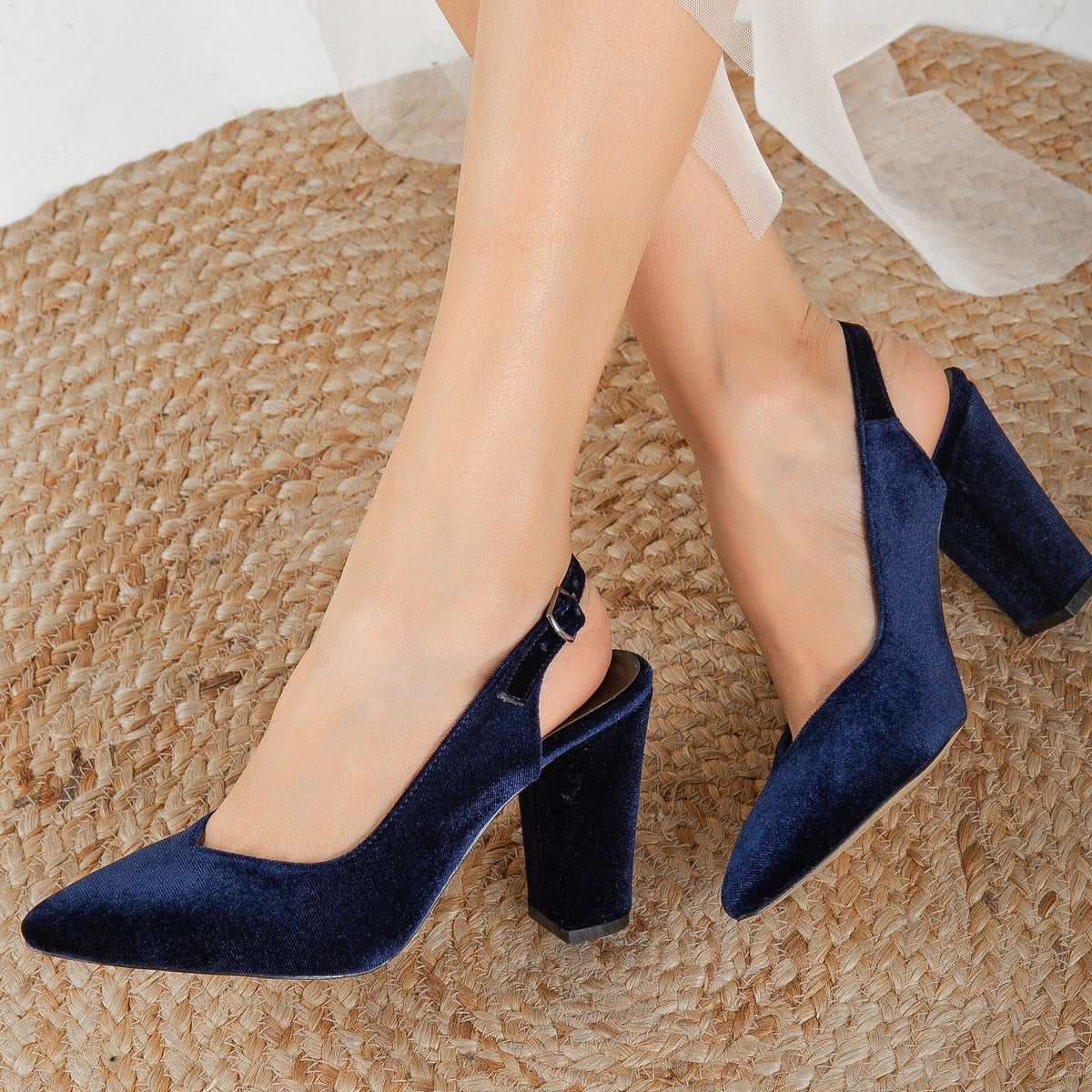 Emma - Dark Blue Velvet Slingback Shoes – side view showing velvet, blue, red, SimmiUnique