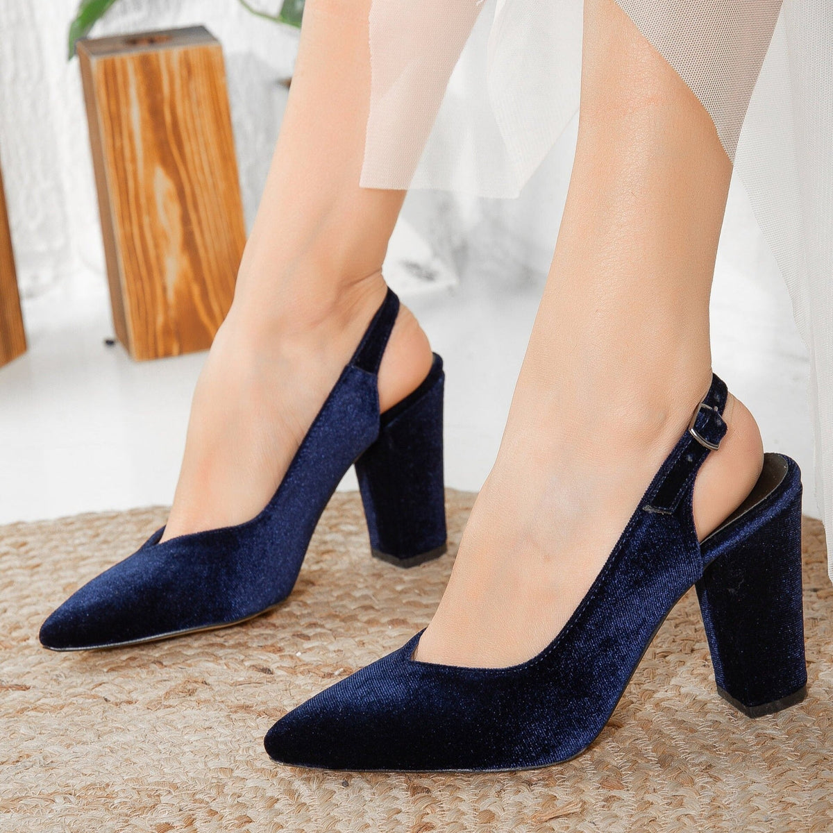 Emma - Dark Blue Velvet Slingback Shoes – detail view showing velvet, blue, red, SimmiUnique