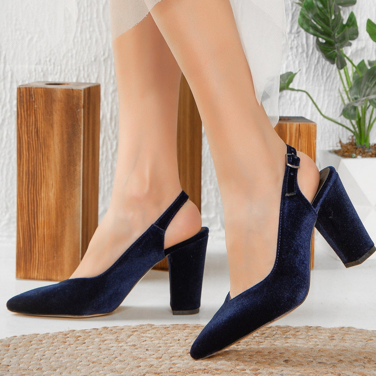 Emma - Dark Blue Velvet Slingback Shoes – back view showing velvet, blue, red, SimmiUnique