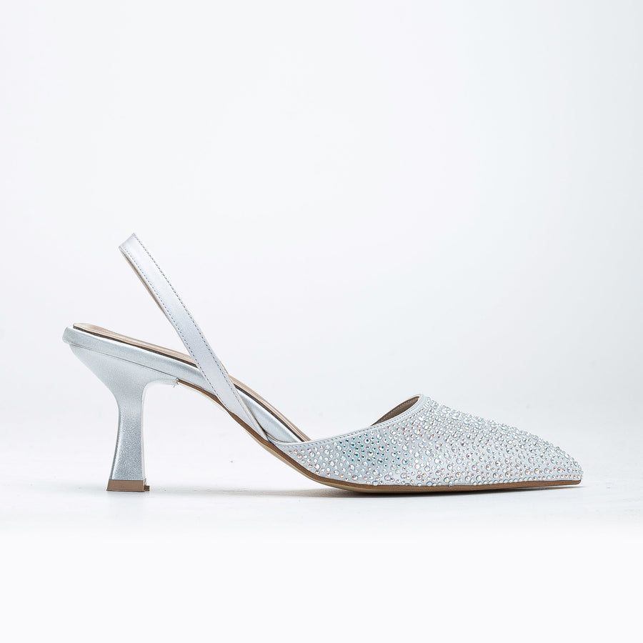 Rae - Silver Rhinestone Slingback Kitten Heels
