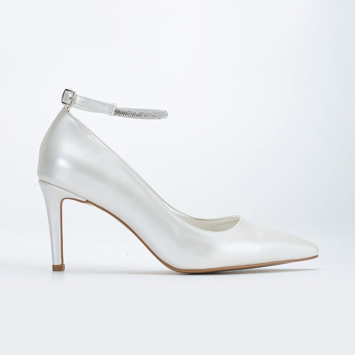 Penelope - Ivory Bridal Stiletto with Pearls – top view showing pearl, satin, leather, SimmiUnique