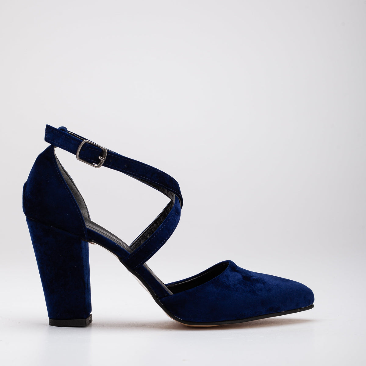 Sina - Dark Blue Velvet Criss Cross Heels – front three-quarter view showing velvet, blue, SimmiUnique