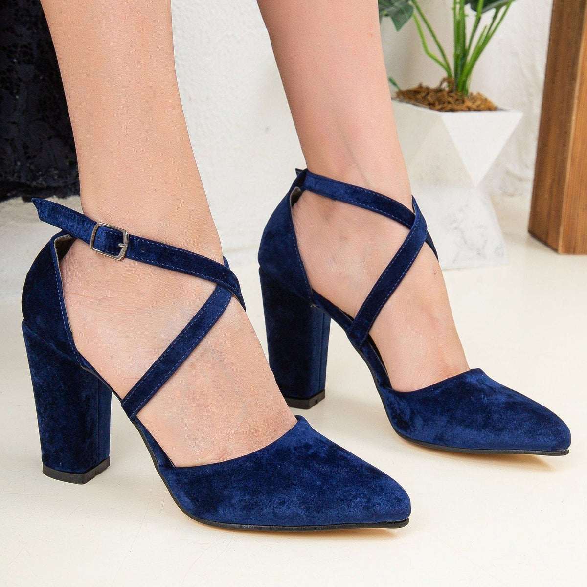 Sina - Dark Blue Velvet Criss Cross Heels – detail view showing velvet, blue, SimmiUnique