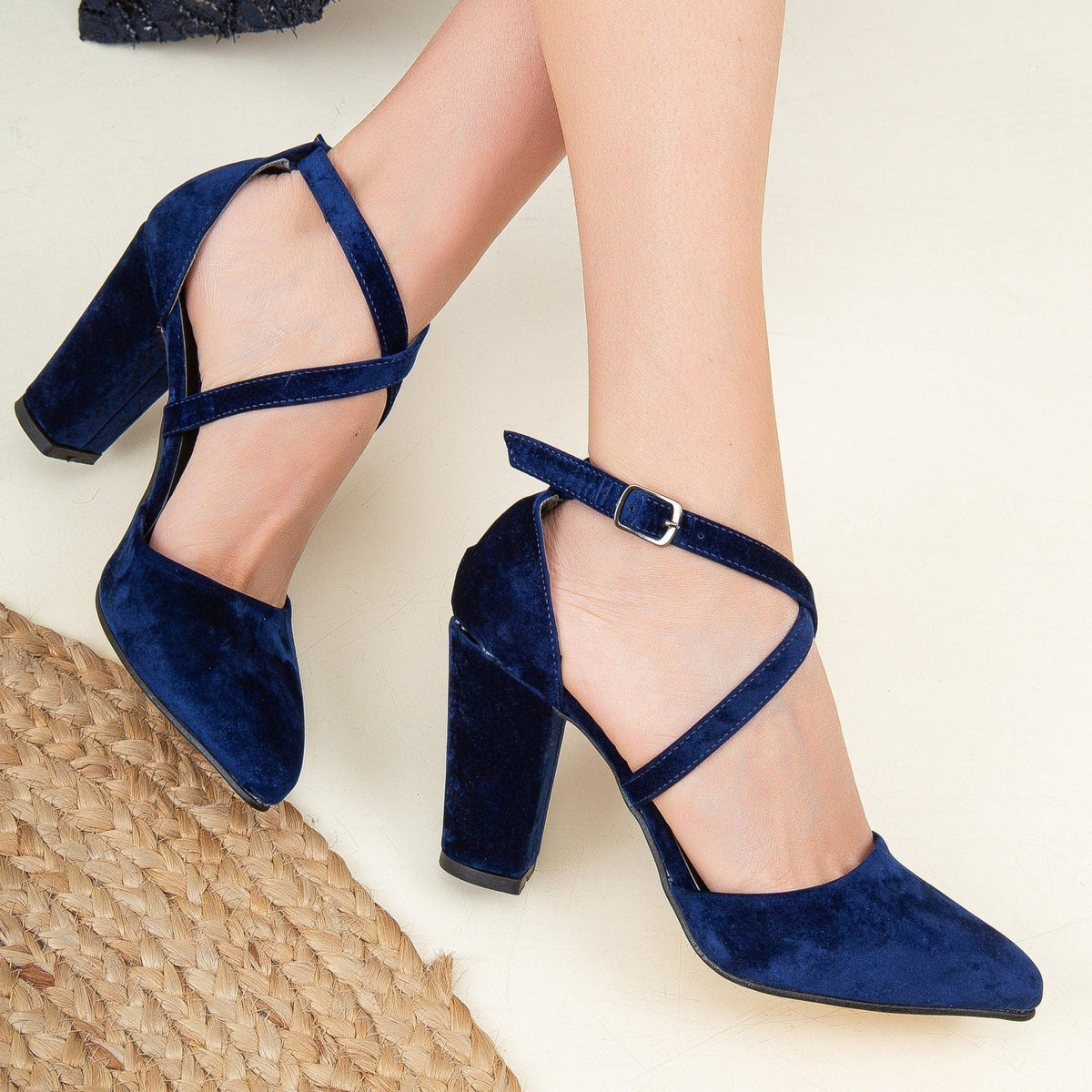 Sina - Dark Blue Velvet Criss Cross Heels – heel view showing velvet, blue, SimmiUnique