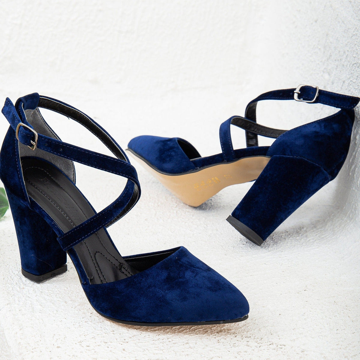 Sina - Dark Blue Velvet Criss Cross Heels – back view showing velvet, blue, SimmiUnique