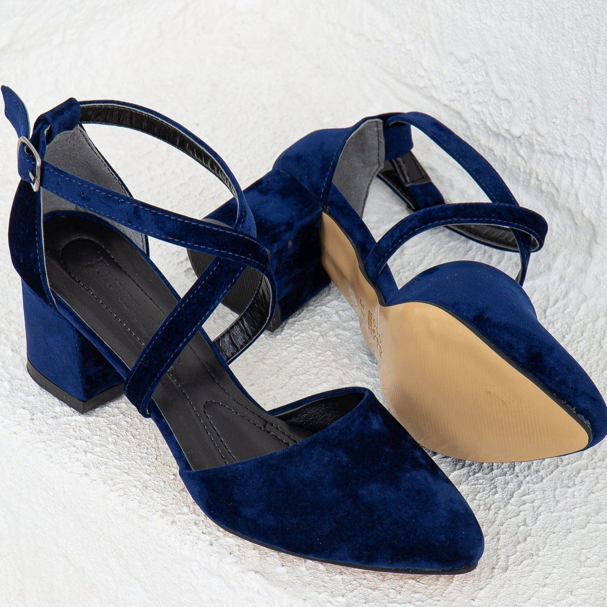 Dolly - Dark Blue Suede Block Heels – detail view showing suede, blue, SimmiUnique