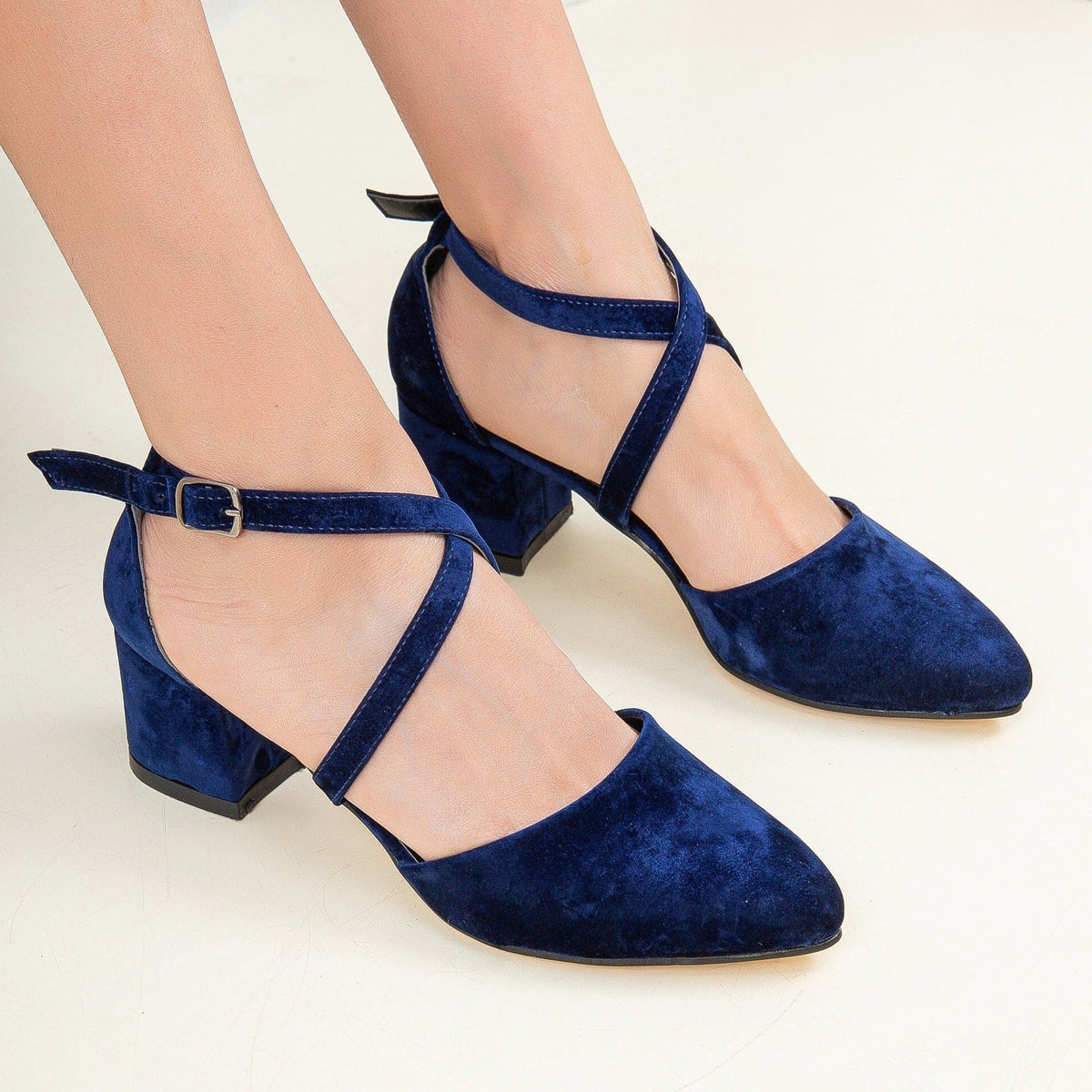 Dolly - Dark Blue Suede Block Heels – back view showing suede, blue, SimmiUnique