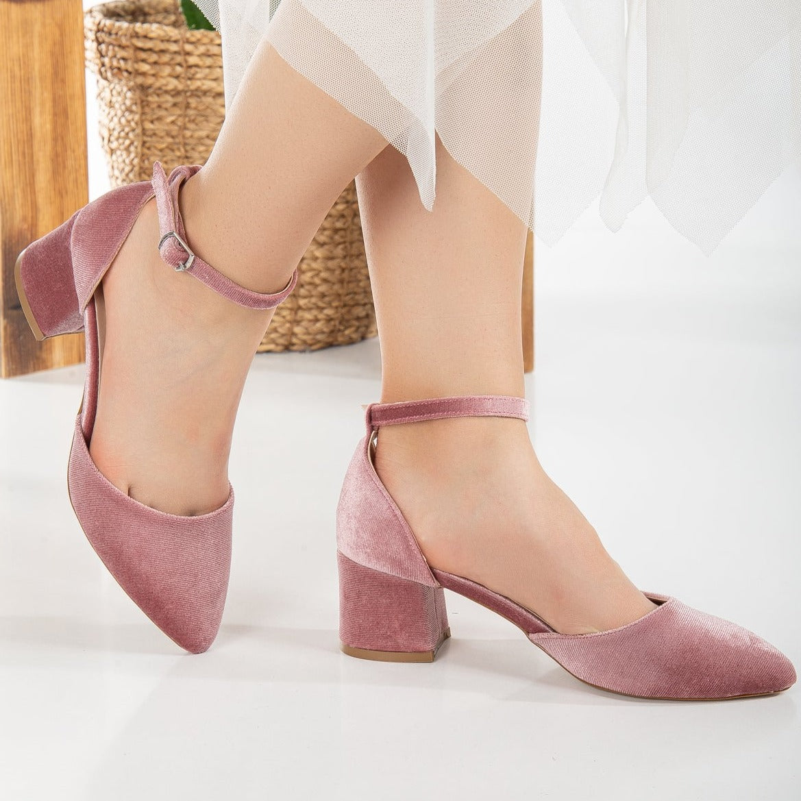 Fiona - Rose Velvet Low Heels with Ribbon – product view 10 showing velvet, pink, SimmiUnique