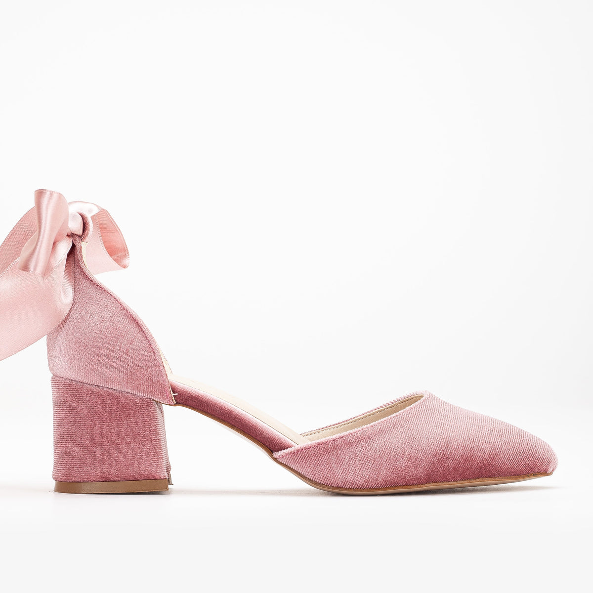 Fiona - Rose Velvet Low Heels with Ribbon – front three-quarter view showing velvet, pink, SimmiUnique