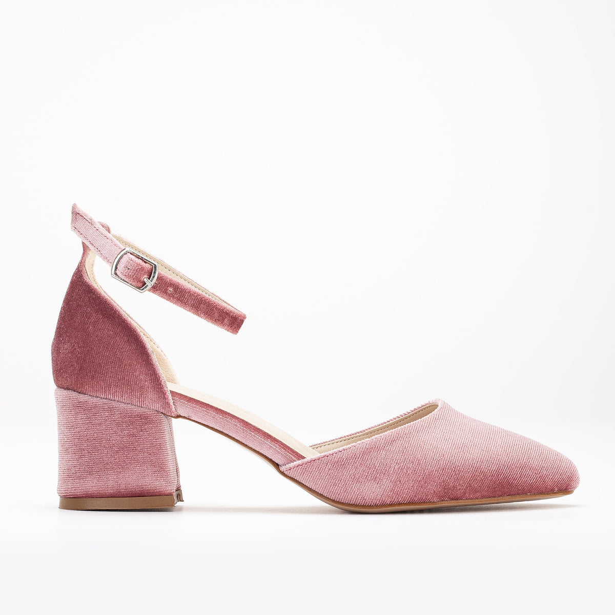 Fiona - Rose Velvet Low Heels with Ribbon – sole view showing velvet, pink, SimmiUnique