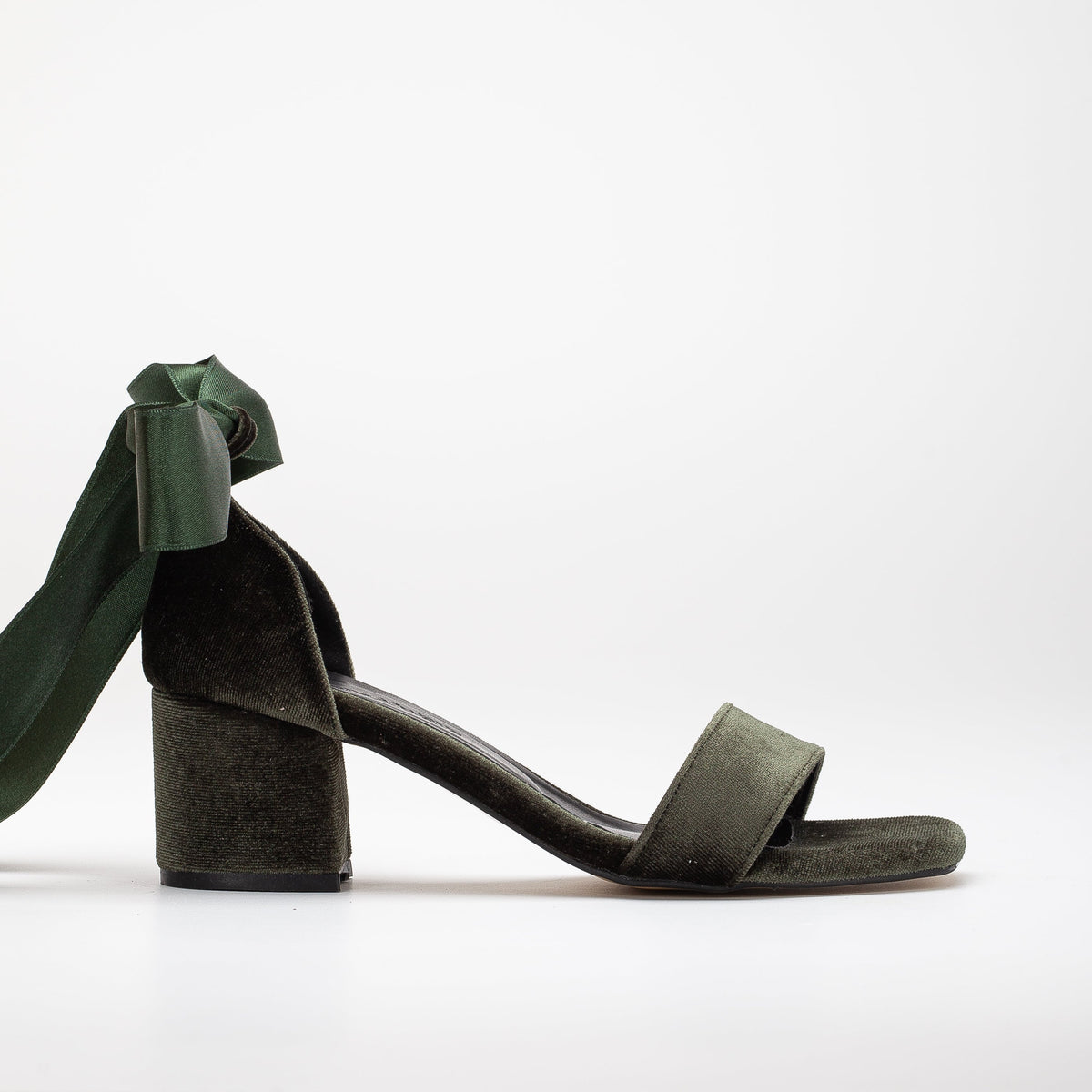 Athena - Olive Green Velvet Sandals with Ribbon – front three-quarter view showing satin, velvet, red, SimmiUnique