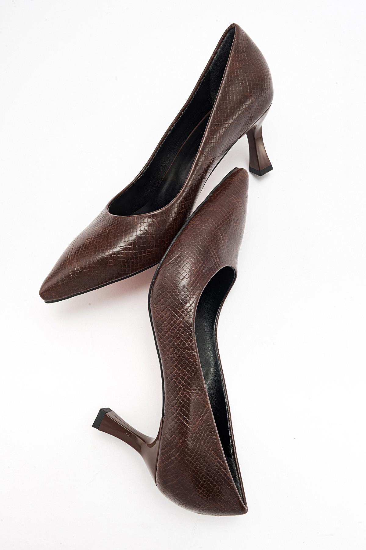 Pedra - Brown Printed Heeled Shoe – heel view showing leather, SimmiUnique