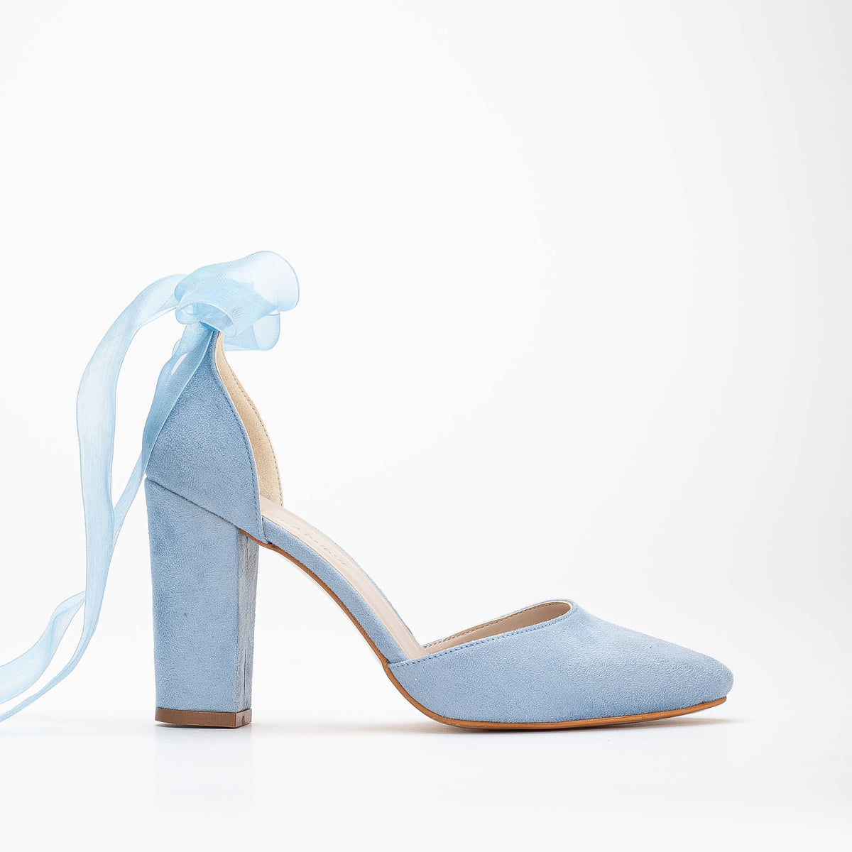 Gisele - Baby Blue Wedding Shoes with Ribbon – front three-quarter view showing leather, suede, white, SimmiUnique