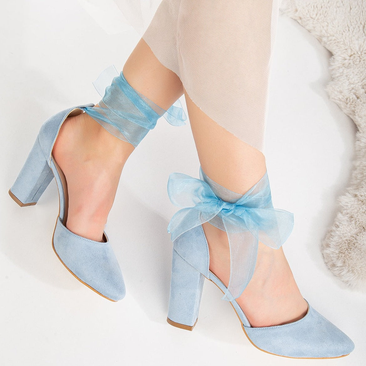 Gisele - Baby Blue Wedding Shoes with Ribbon – side view showing leather, suede, white, SimmiUnique