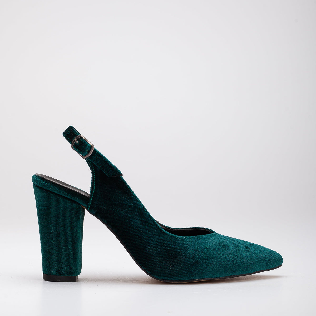 Emma - Emerald Green Velvet Heels – front three-quarter view showing velvet, green, SimmiUnique