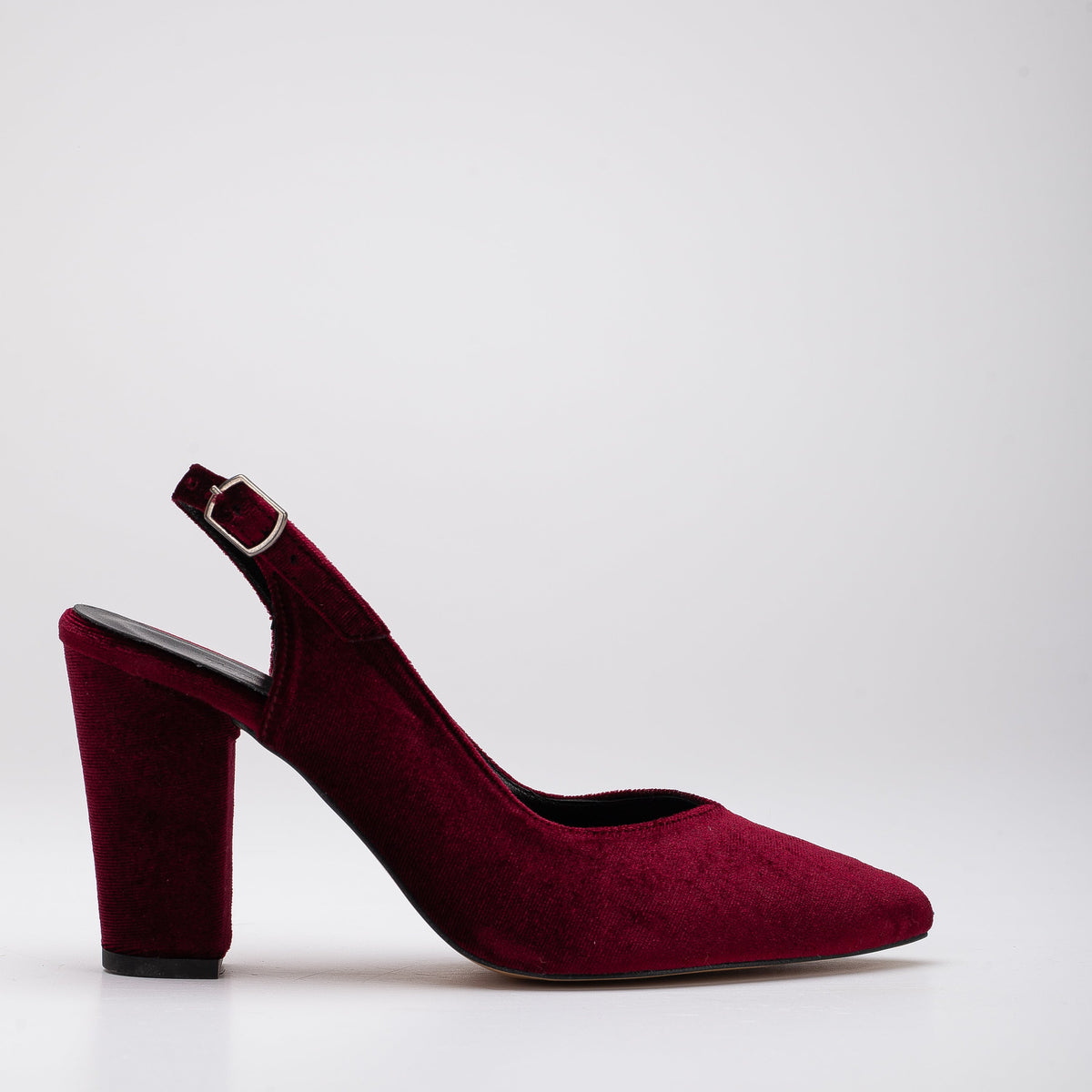 Emma - Burgundy Velvet Slingback Heels – front three-quarter view showing velvet, red, SimmiUnique