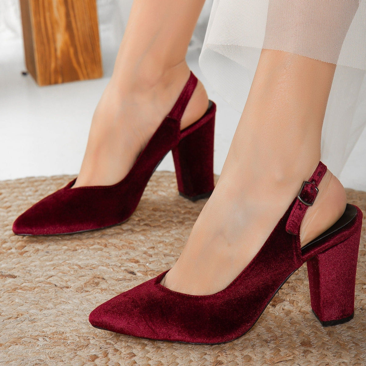 Emma - Burgundy Velvet Slingback Heels – detail view showing velvet, red, SimmiUnique