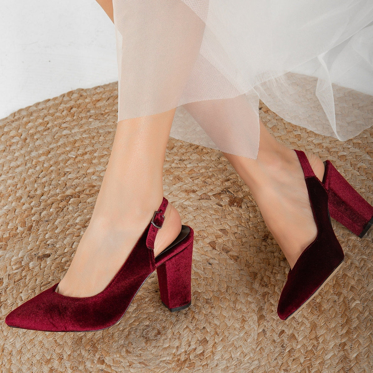 Emma - Burgundy Velvet Slingback Heels – heel view showing velvet, red, SimmiUnique