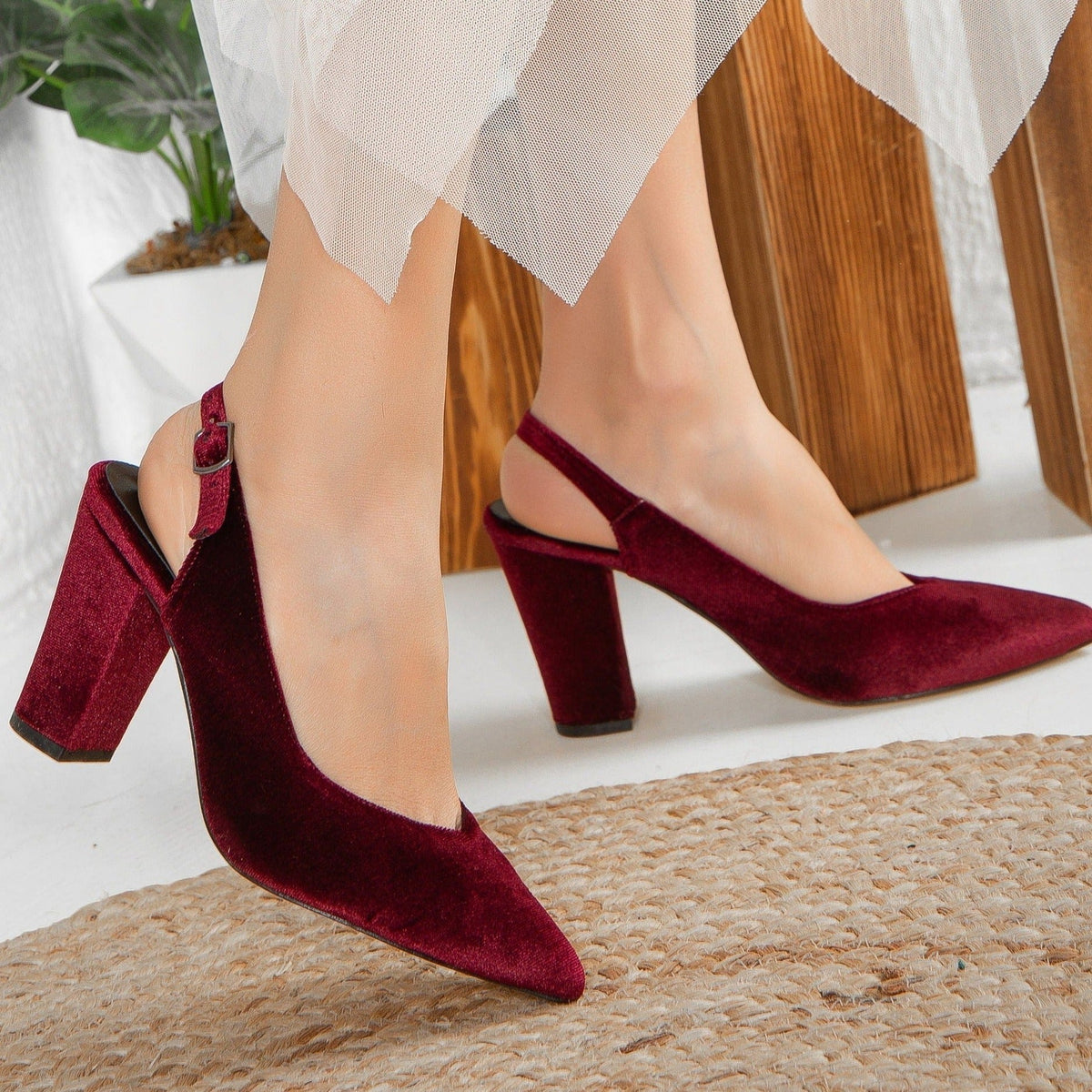Emma - Burgundy Velvet Slingback Heels – back view showing velvet, red, SimmiUnique