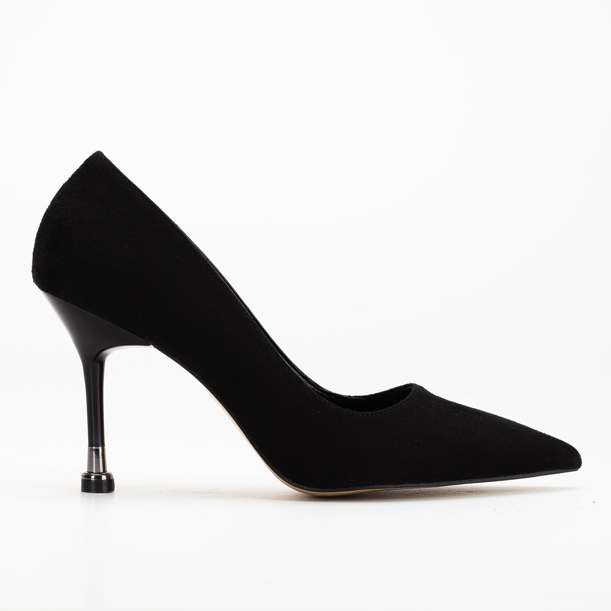 Raven - Black Suede Pointed Toe Stiletto Pump – front three-quarter view showing leather, suede, black, SimmiUnique