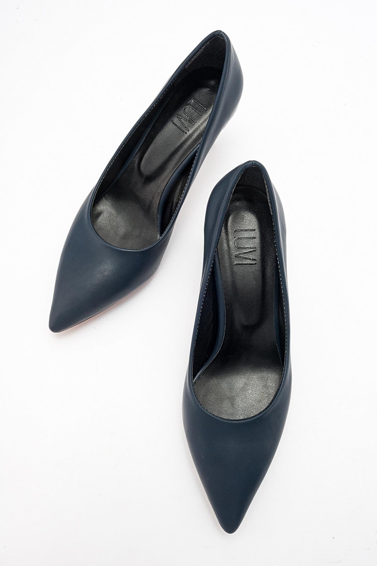 Pedra - Navy Heeled Shoe – heel view showing leather, SimmiUnique