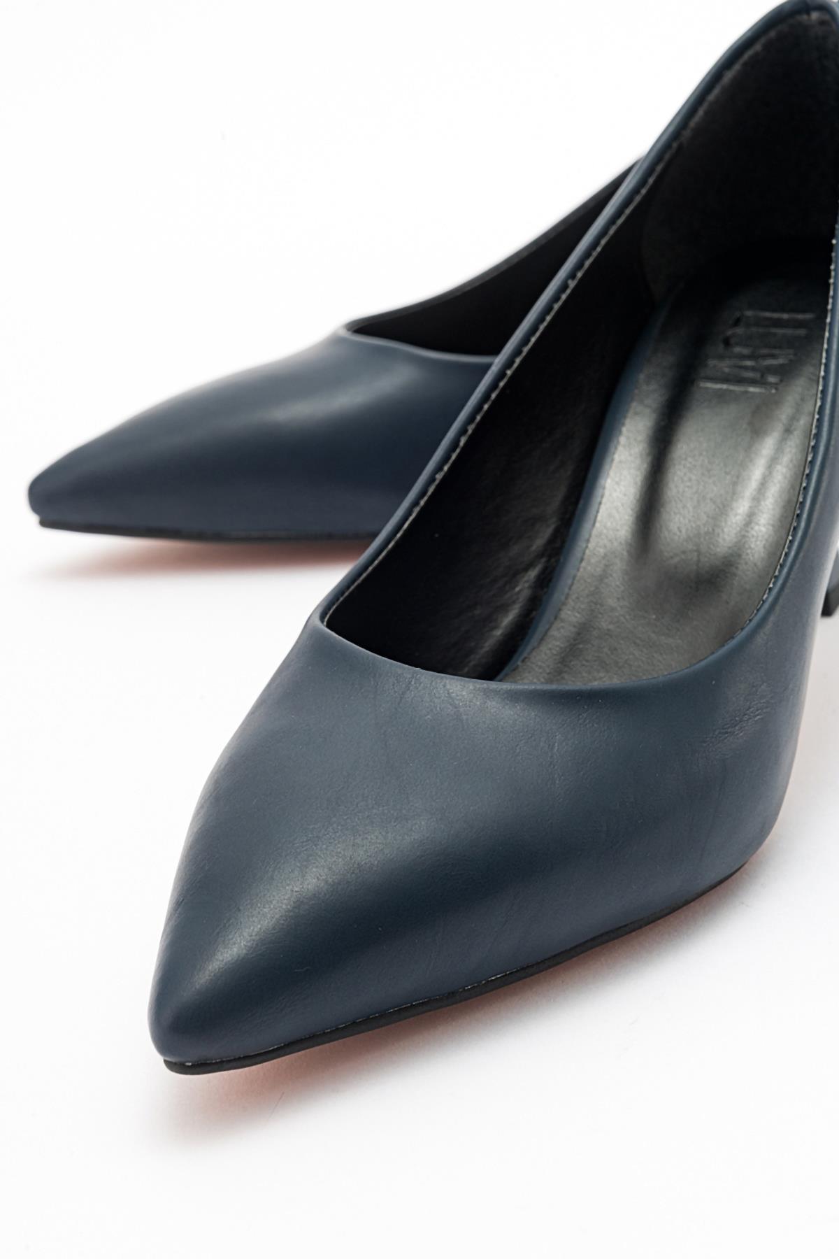 Pedra - Navy Heeled Shoe – back view showing leather, SimmiUnique