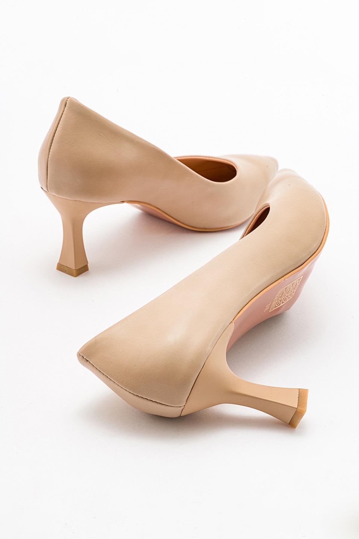 Pedra - Nude Heeled Shoe – side view showing leather, nude, SimmiUnique