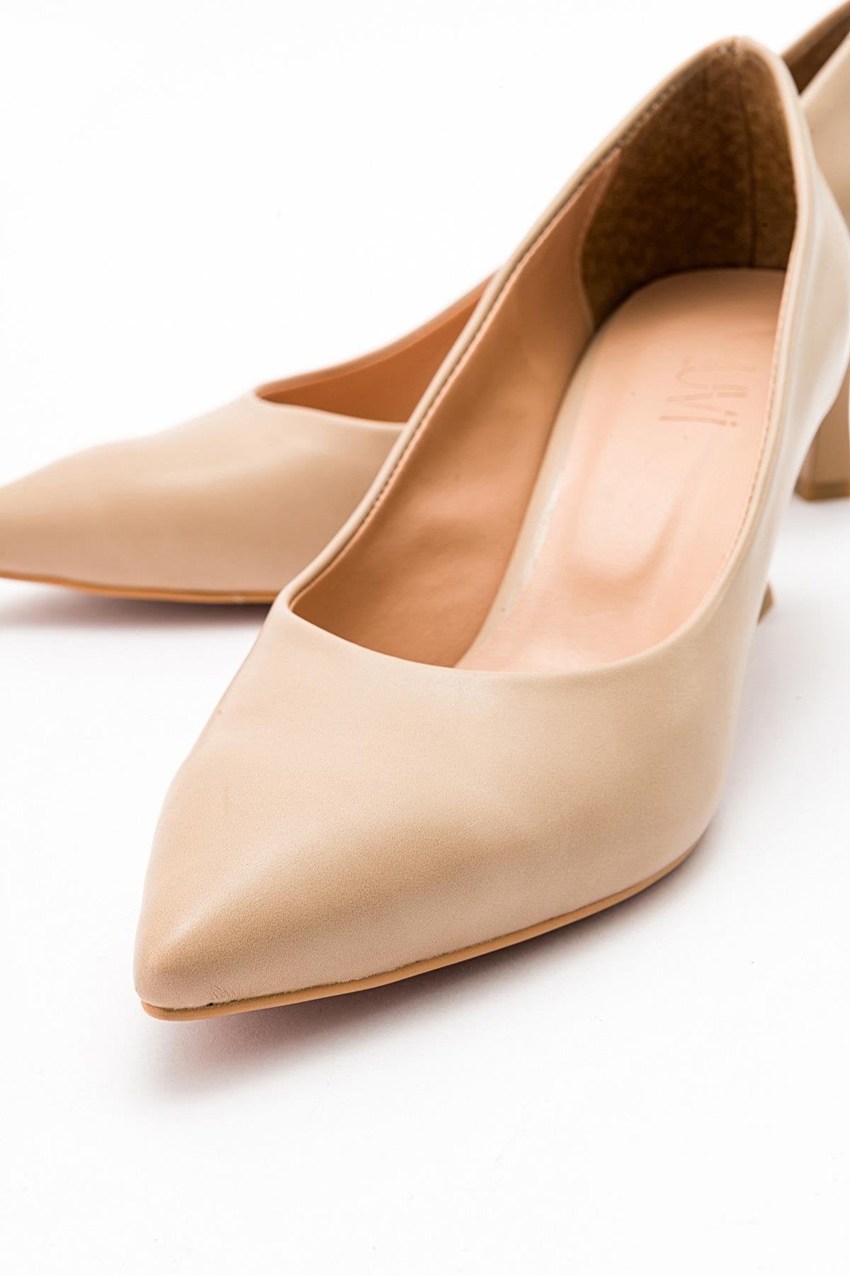 Pedra - Nude Heeled Shoe – back view showing leather, nude, SimmiUnique