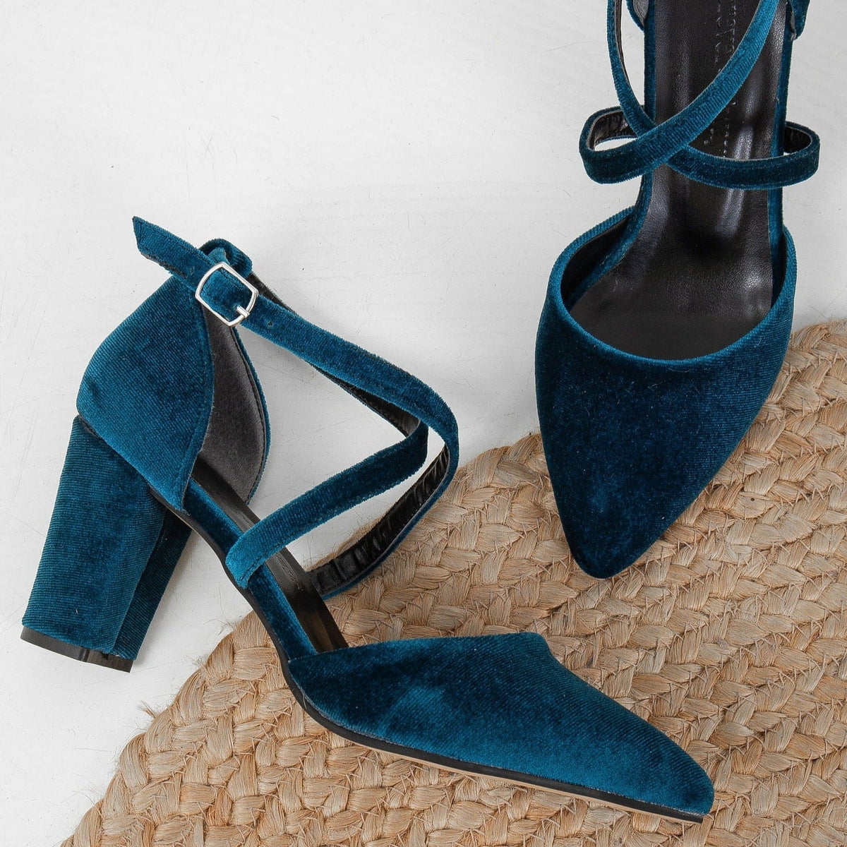 Sina - Teal Blue Velvet High Heels – back view showing velvet, blue, SimmiUnique