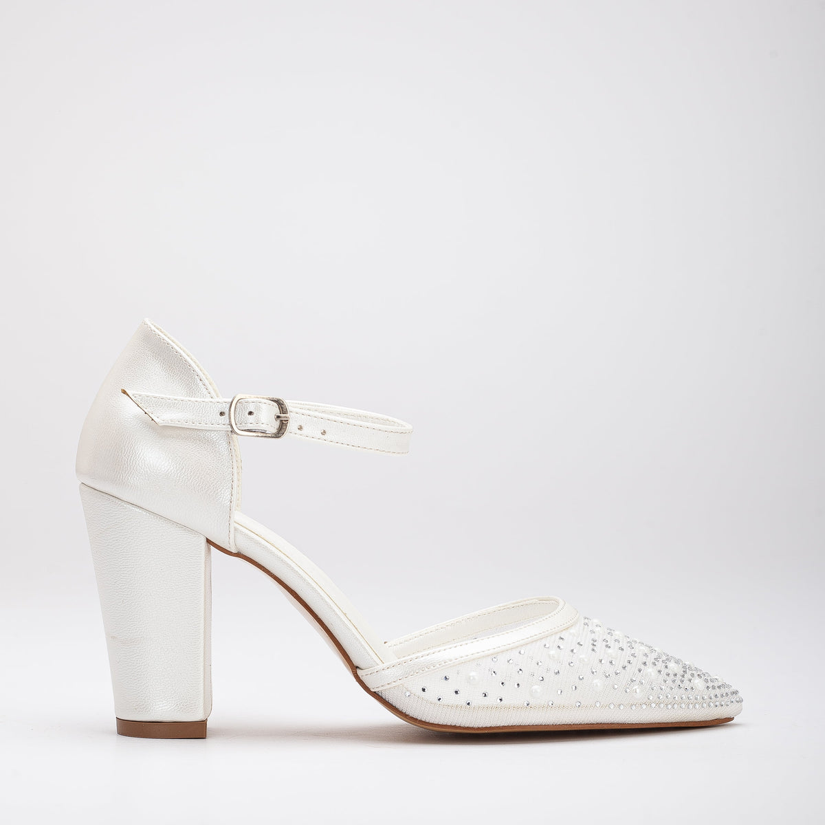 Aveline - Lace Wedding Shoes – front three-quarter view showing pearl, lace, leather, SimmiUnique