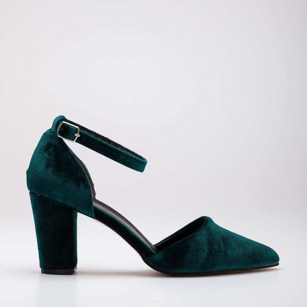 Gisele - Emerald Green Velvet Heels – front three-quarter view showing velvet, green, SimmiUnique