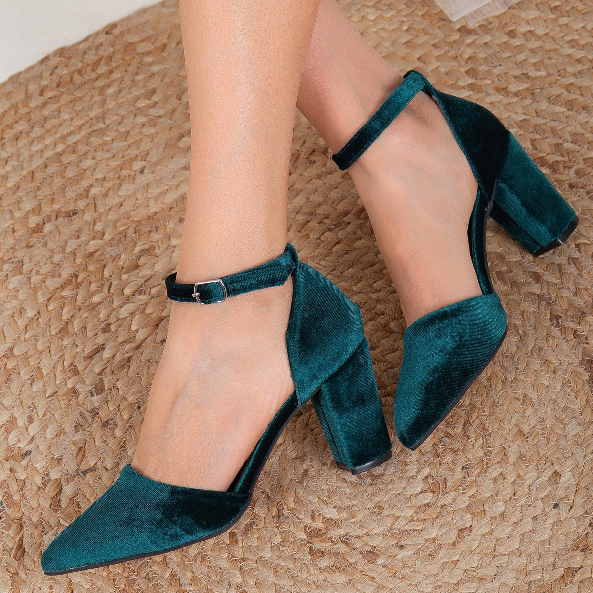 Gisele - Emerald Green Velvet Heels – back view showing velvet, green, SimmiUnique