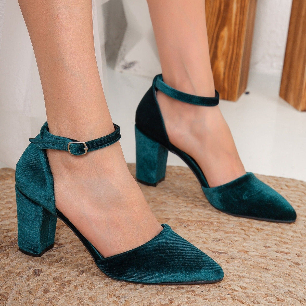 Gisele - Emerald Green Velvet Heels – top view showing velvet, green, SimmiUnique