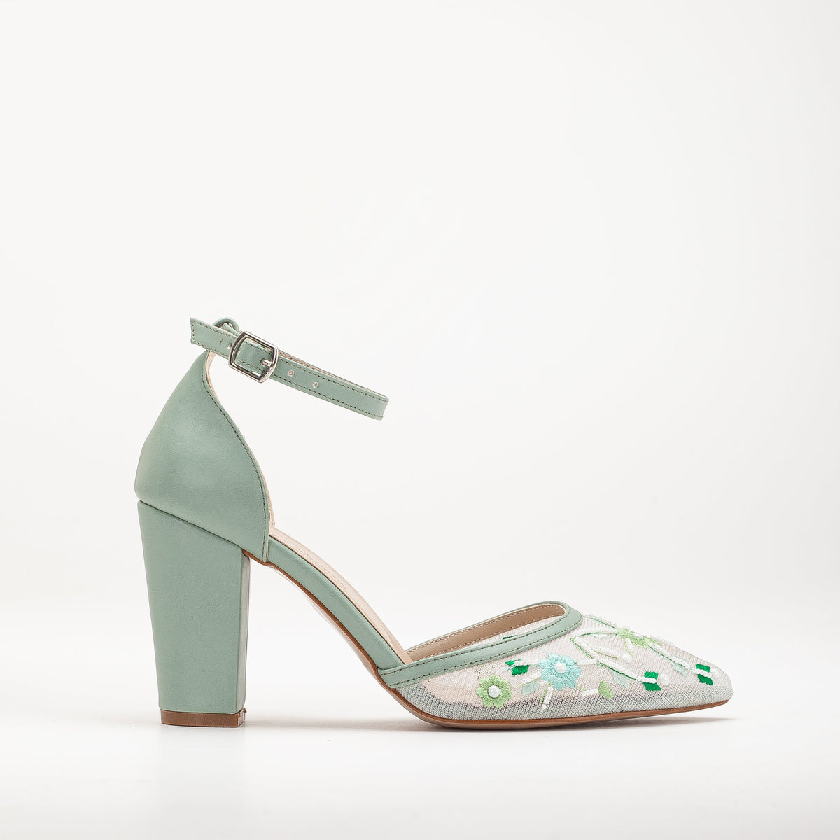 Lorraine - Sage Green Floral Lace Wedding Shoes – front three-quarter view showing pearl, lace, leather, SimmiUnique