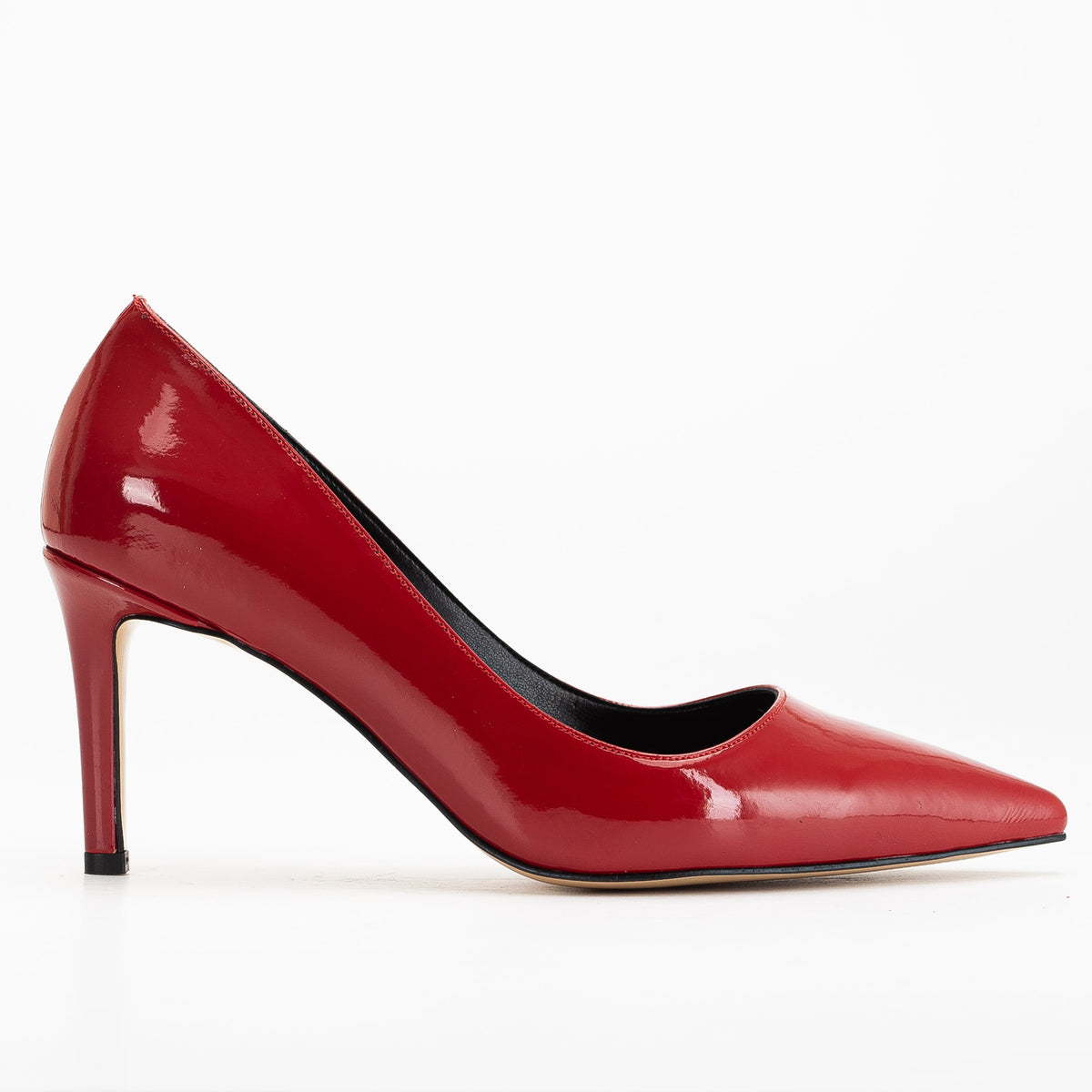 Perla - Red Patent Pointed Toe Stiletto Pump – front three-quarter view showing leather, red, SimmiUnique