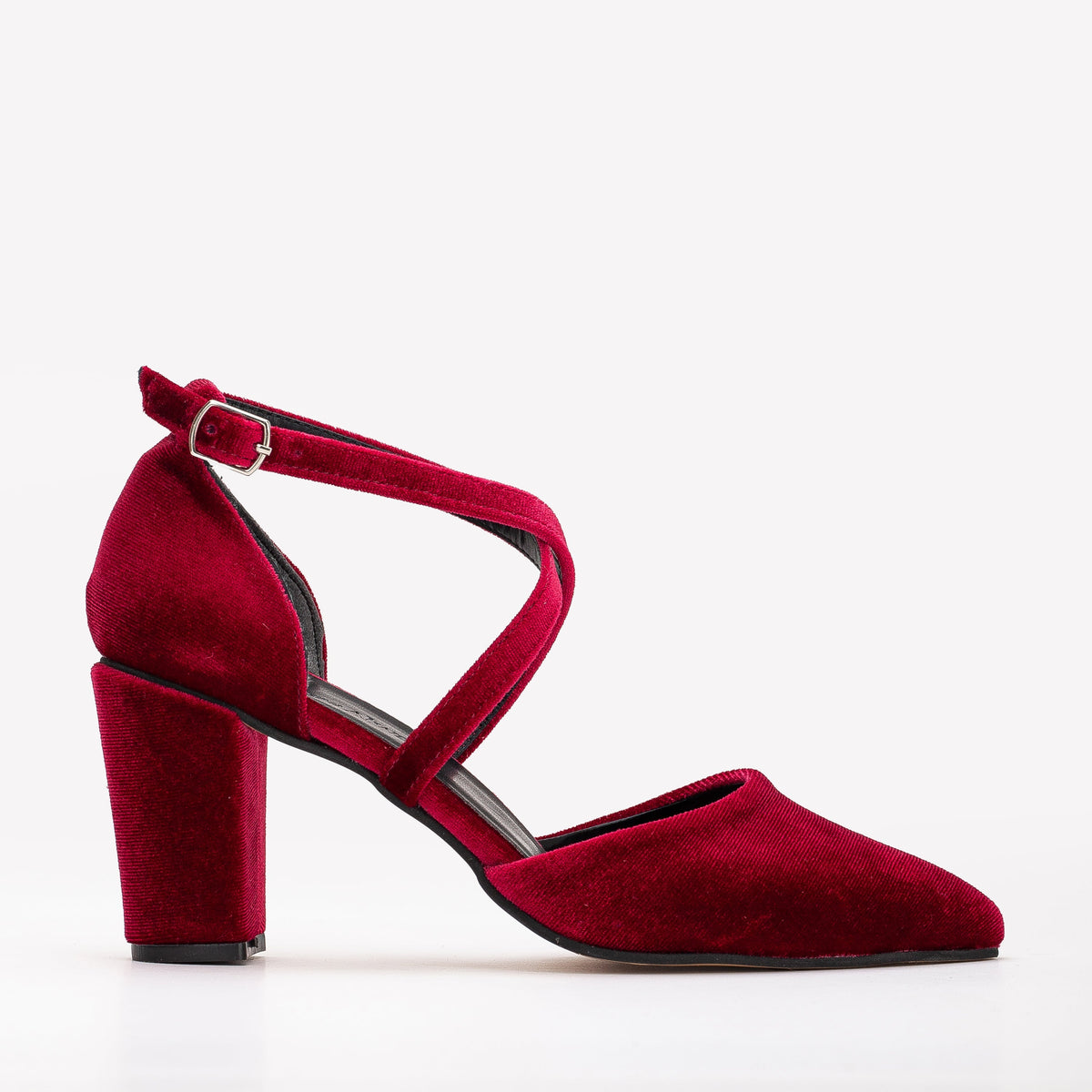 Sina - Burgundy Velvet High Heels – front three-quarter view showing velvet, red, SimmiUnique