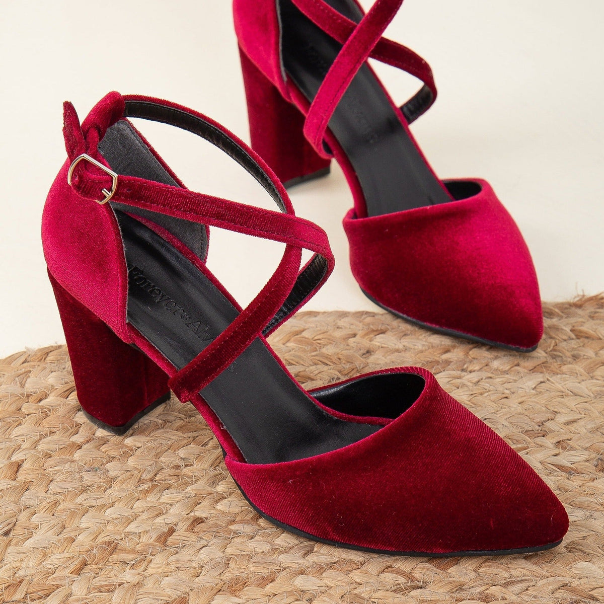 Sina - Burgundy Velvet High Heels – heel view showing velvet, red, SimmiUnique