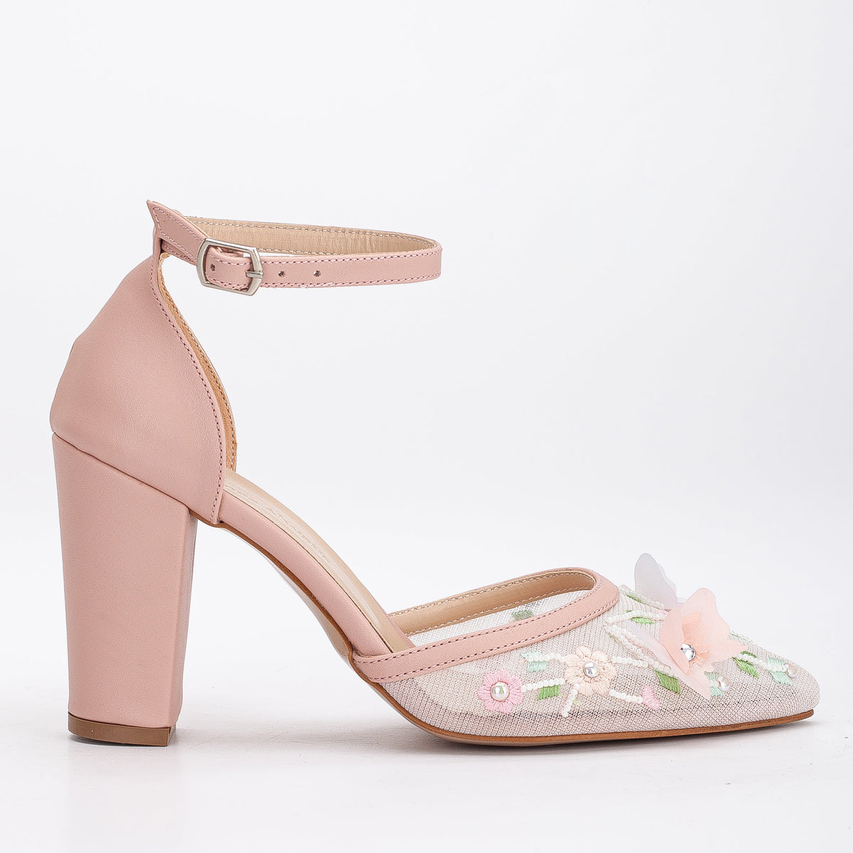 Ivy - Blush 3D Floral Lace Wedding Shoes – front three-quarter view showing pearl, lace, leather, SimmiUnique