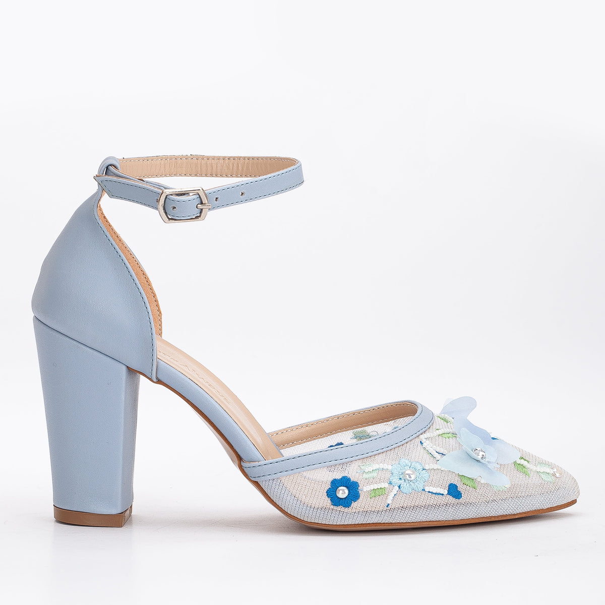 Ivy - Blue 3D Floral Lace Wedding Shoes – front three-quarter view showing pearl, lace, leather, SimmiUnique