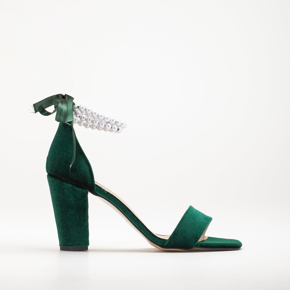 Melissa - Green Velvet Sandals with Pearls – front three-quarter view showing pearl, satin, velvet, SimmiUnique