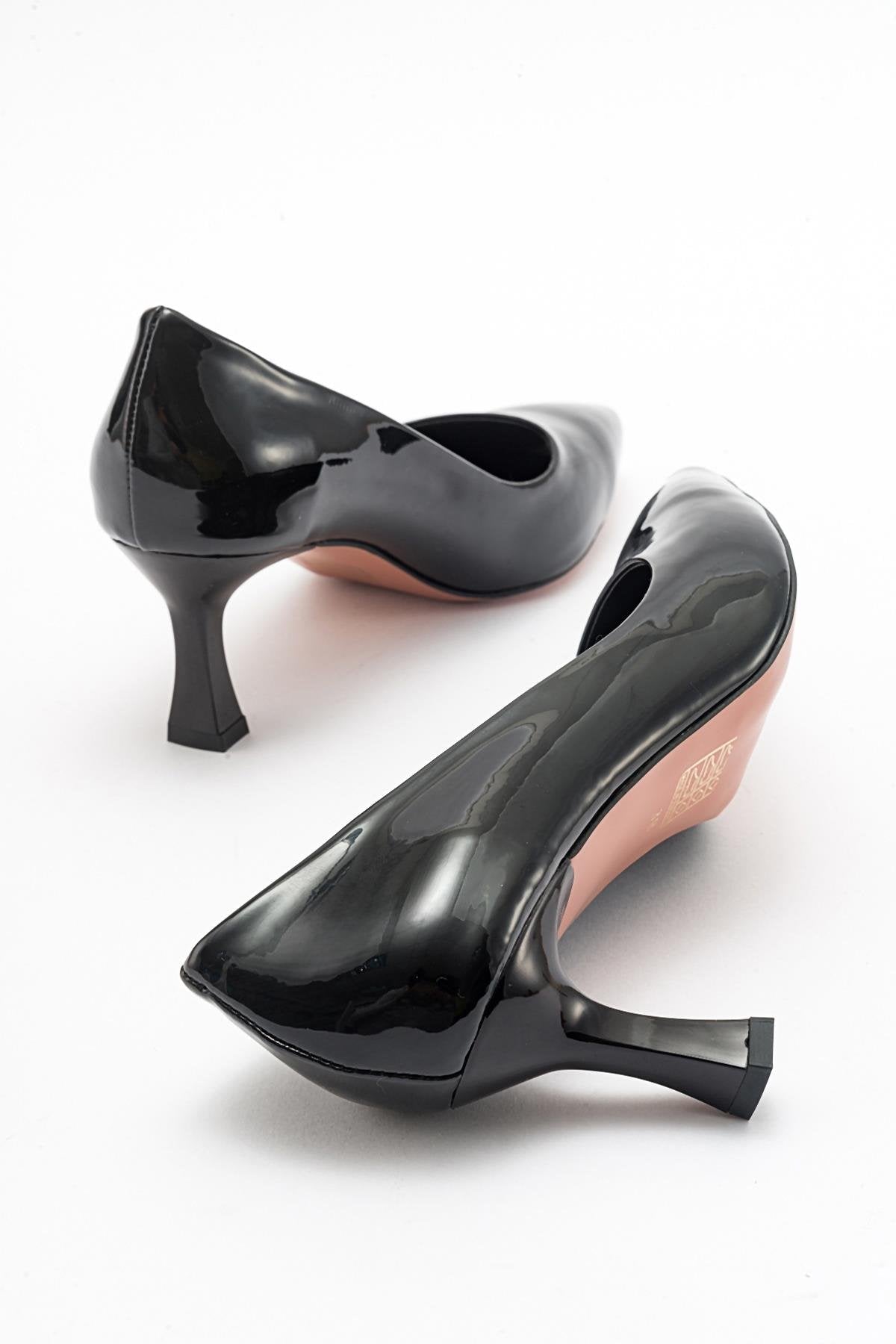 Pedra - Black Heeled Shoe – side view showing leather, black, SimmiUnique