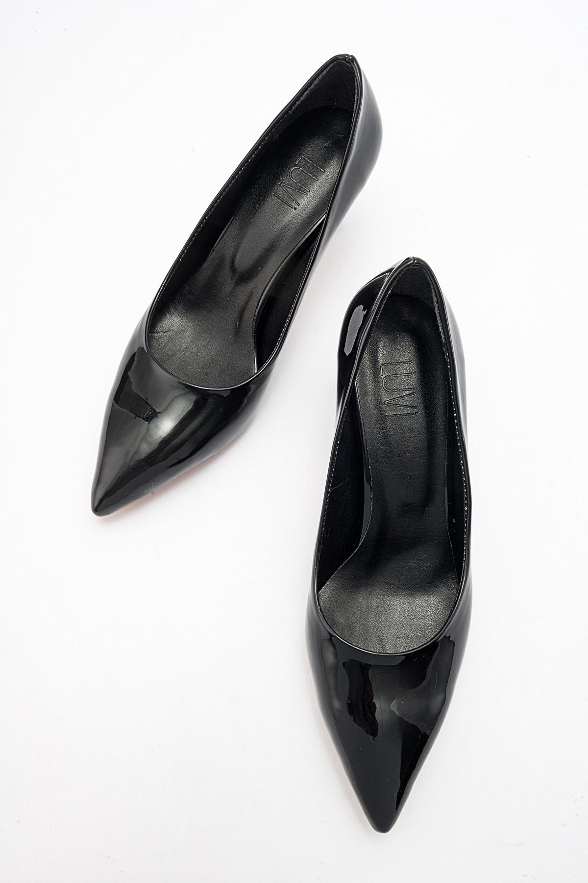 Pedra - Black Heeled Shoe – heel view showing leather, black, SimmiUnique