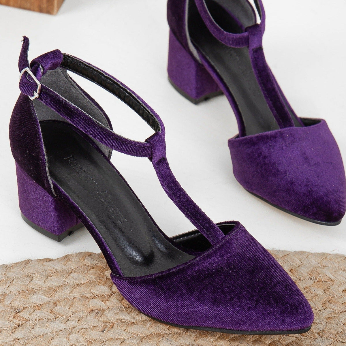 Anicette - Purple Velvet Heels – heel view showing velvet, SimmiUnique