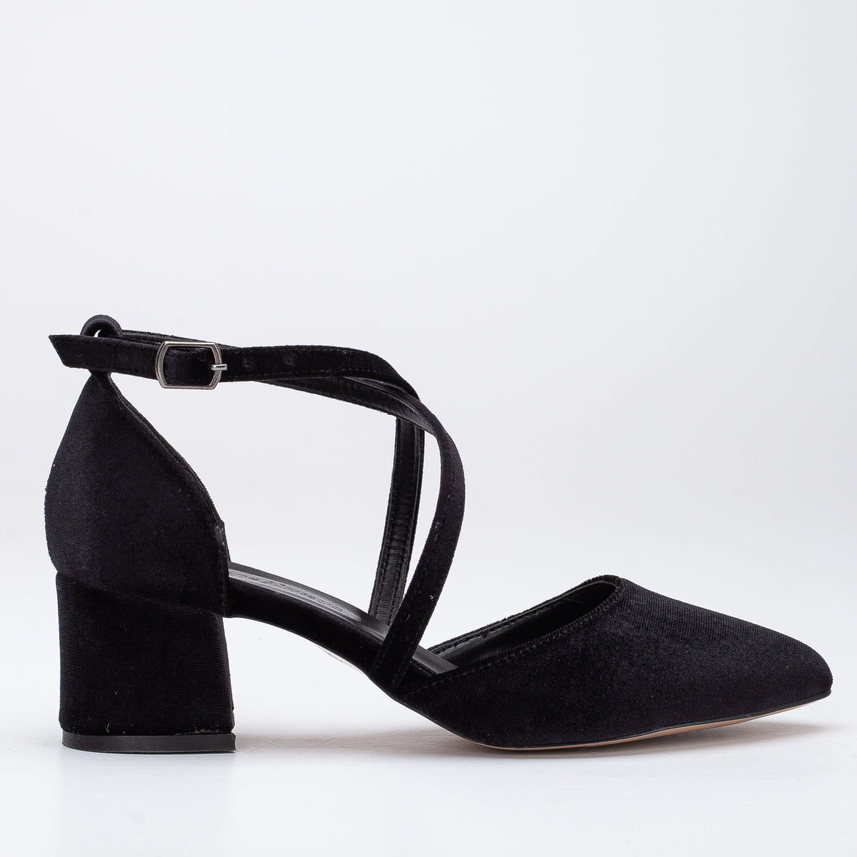 Dolly - Black Velvet Pumps – front three-quarter view showing velvet, black, SimmiUnique