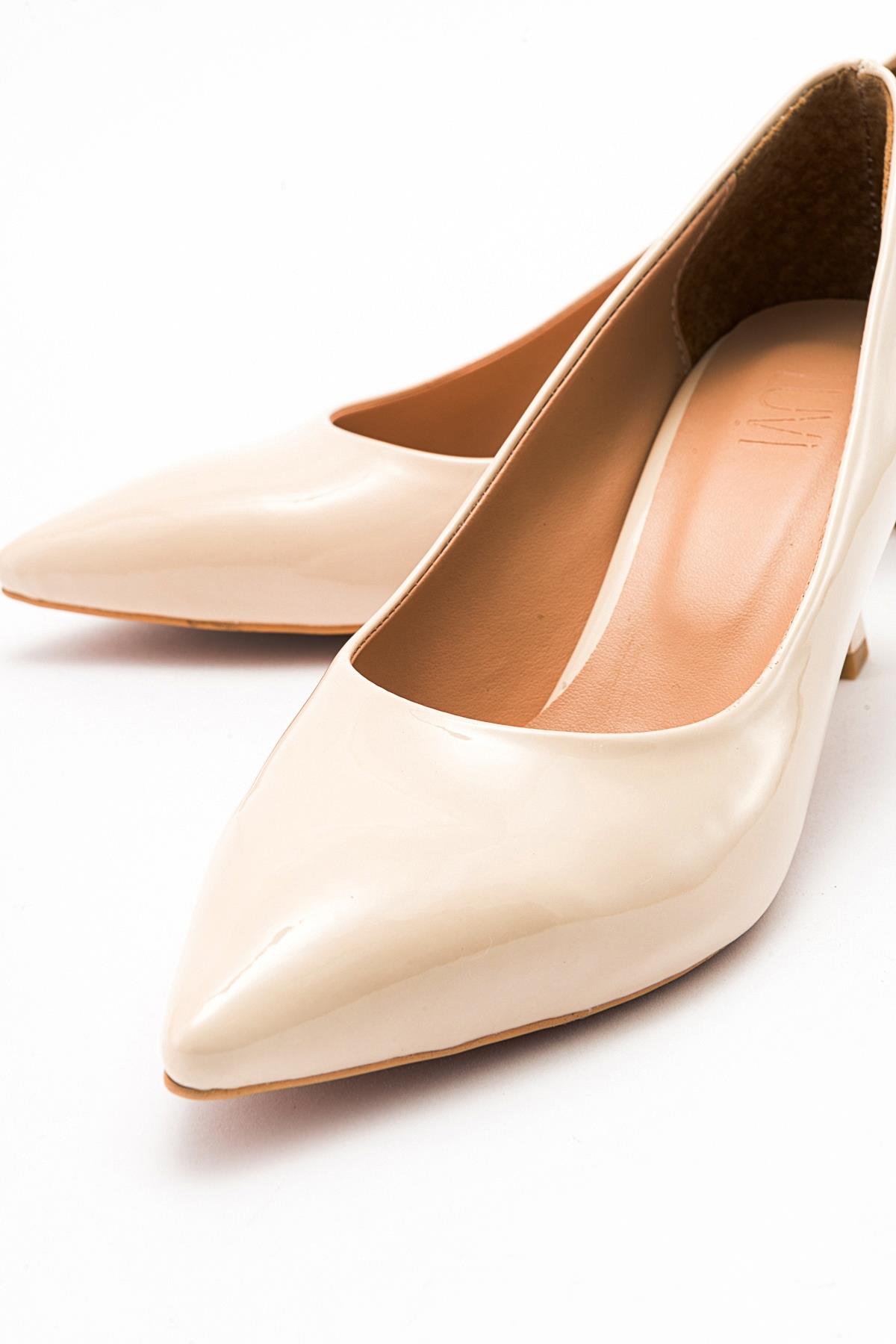 Pedra - Nude Heeled Shoe – side view showing leather, nude, red, SimmiUnique