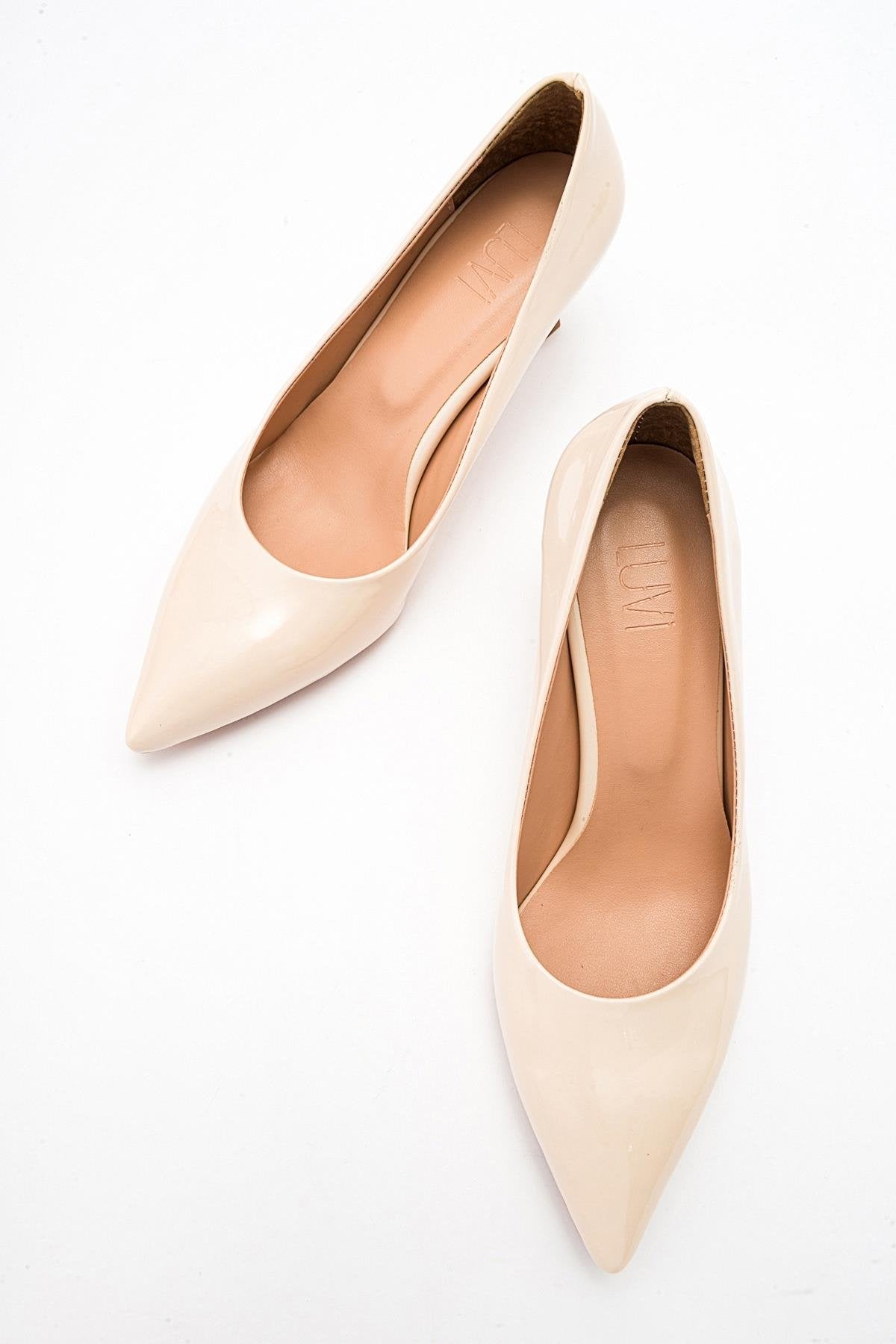 Pedra - Nude Heeled Shoe – detail view showing leather, nude, red, SimmiUnique