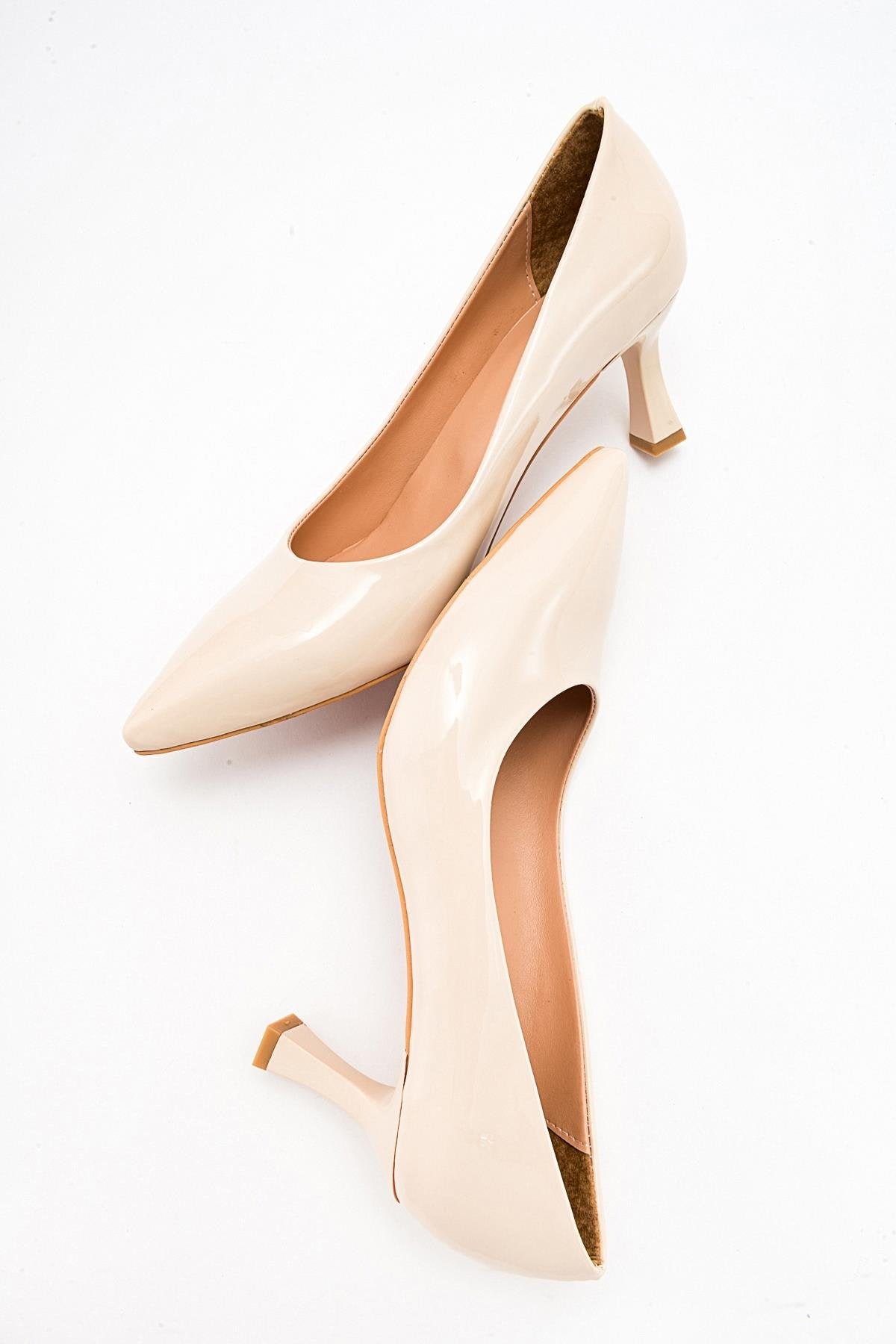 Pedra - Nude Heeled Shoe – heel view showing leather, nude, red, SimmiUnique
