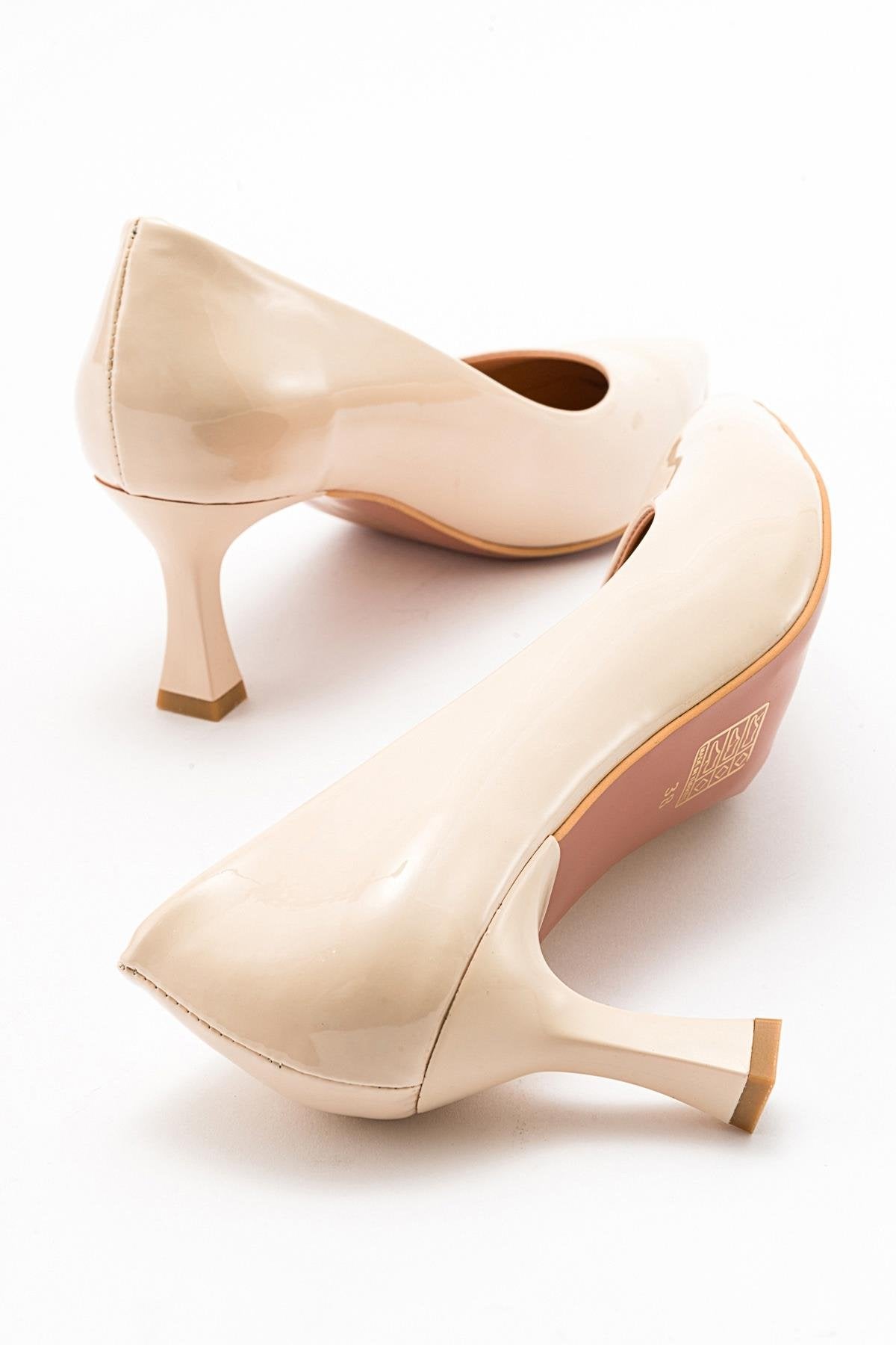 Pedra - Nude Heeled Shoe – back view showing leather, nude, red, SimmiUnique