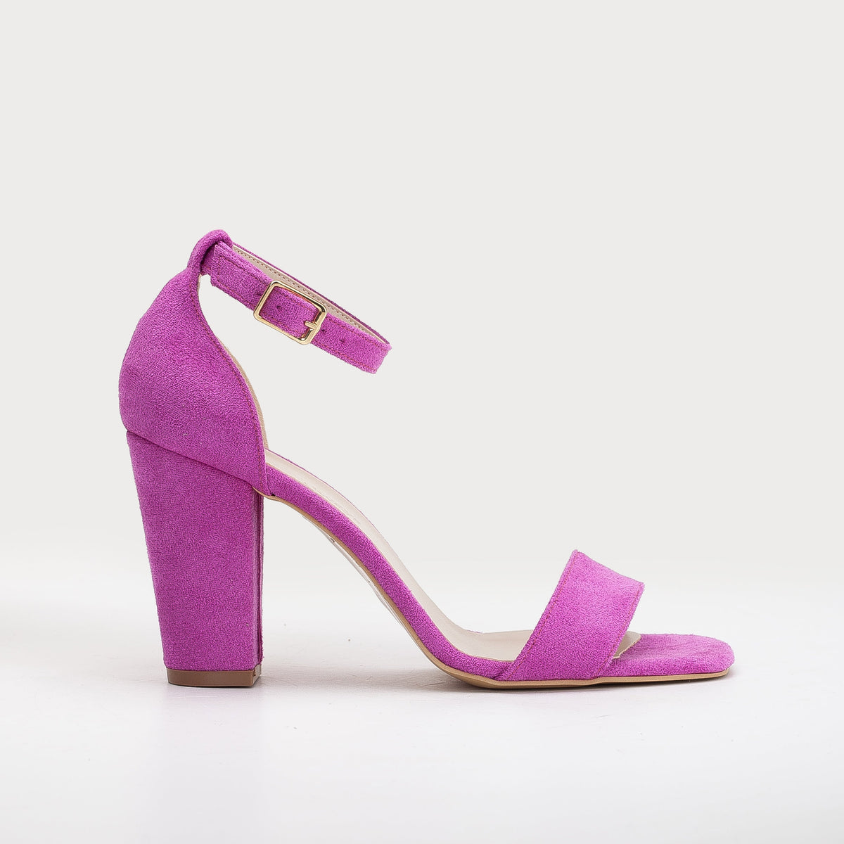 Jess - Fuchsia Suede Sandals – front three-quarter view showing leather, suede, pink, SimmiUnique